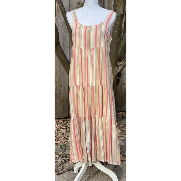 Linda Anderson Sun Dress Empire Waist Tiered Sz M Flowy Smocked Gauze Metallic - Picture 3 of 12